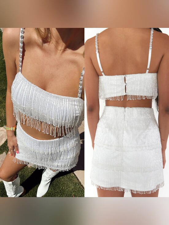 Show Me Your MuMu Tops - Show Me Your MuMu White Beaded Fringe Crop Top